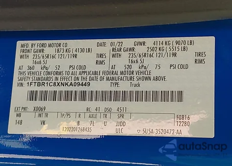 2022 Ford Transit-250 из США, поврежденный, VIN 1FTBR1C8XNKA09449